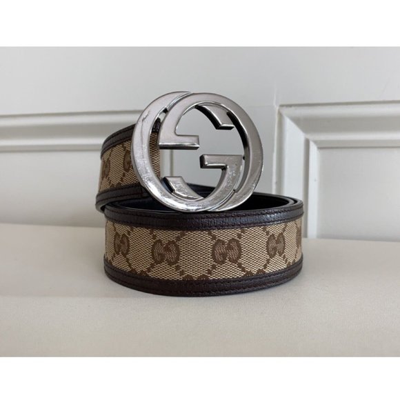 Authentic GUCCI Brown Monogram Canvas Leather Silver Interlocking G Buckle Belt